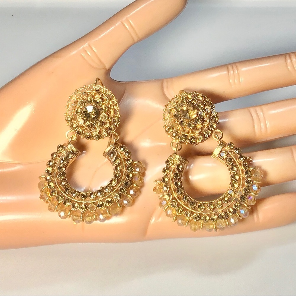 New Pakistani Indian 1% gold plated champagne colour stone/ pearls earrings